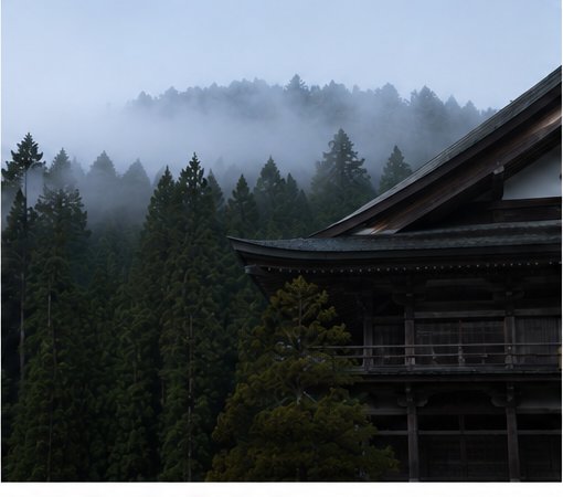 霧に包まれた永平寺の伽藍と杉の森