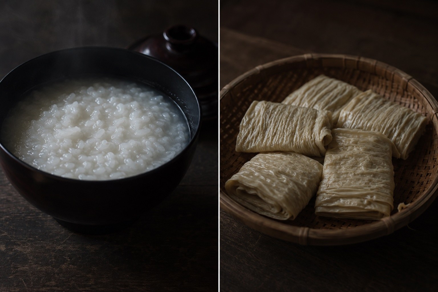 左:黒い椀の朝の粥。右:湯葉を使った普茶料理。禅寺の台所のイメージ。
